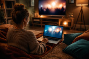 Jeune femme regardant du streaming sur un ordinateur portable depuis son canapé