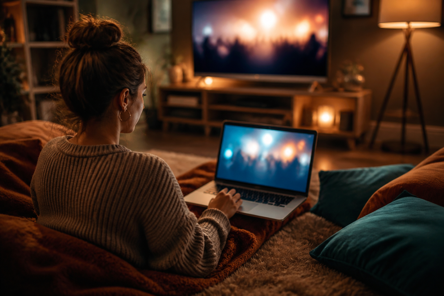 Jeune femme regardant du streaming sur un ordinateur portable depuis son canapé