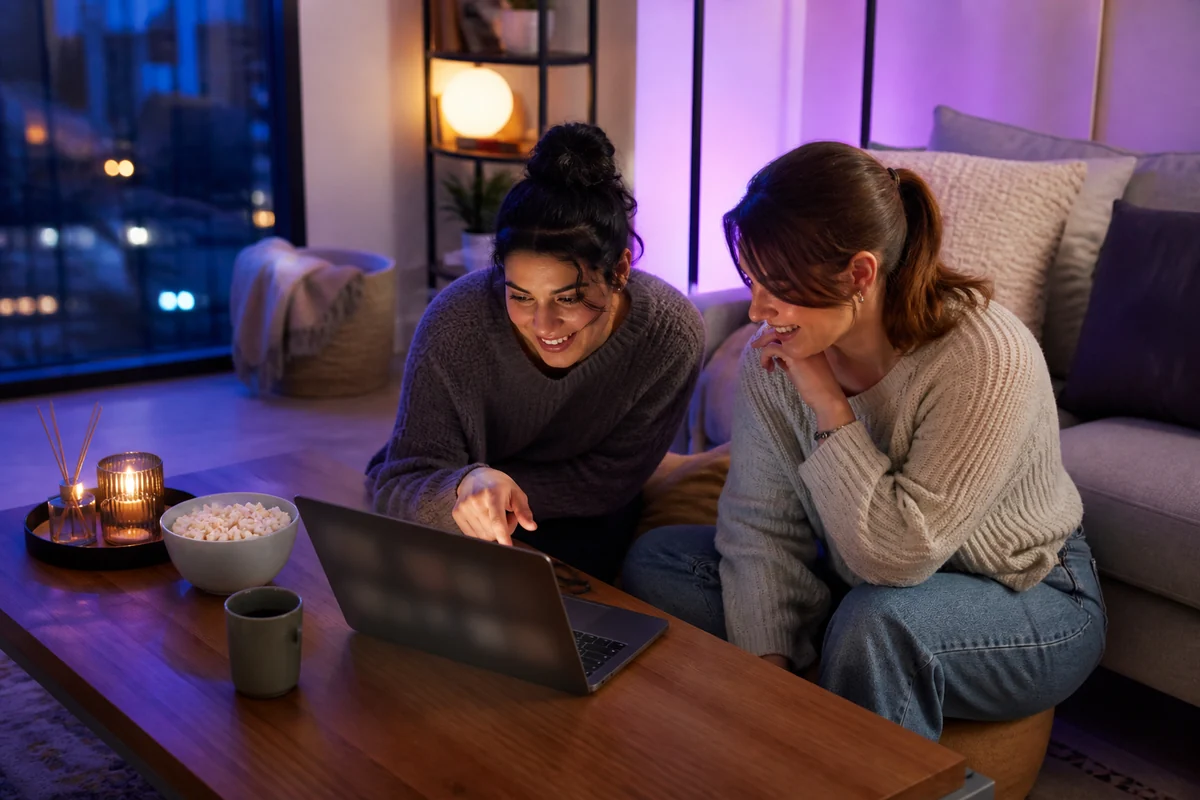 Jeune femme regardant du streaming sur un ordinateur portable depuis son canapé