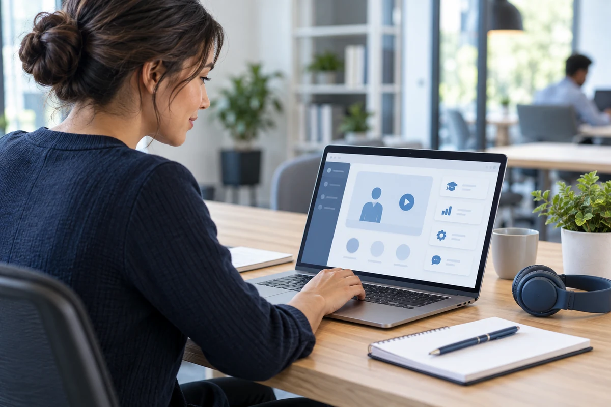Collaboratrice utilisant un logiciel de formation en ligne sur un ordinateur portable