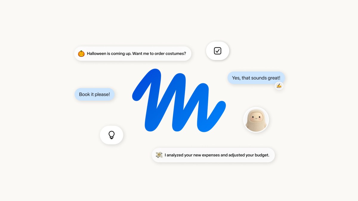 Logo M bleu de Muse, l’agent IA personnel de Meta, entouré de bulles de dialogue et d’icônes de tâches
