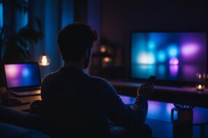 Scène éditoriale abstraite évoquant Motomaz et le streaming de films et séries