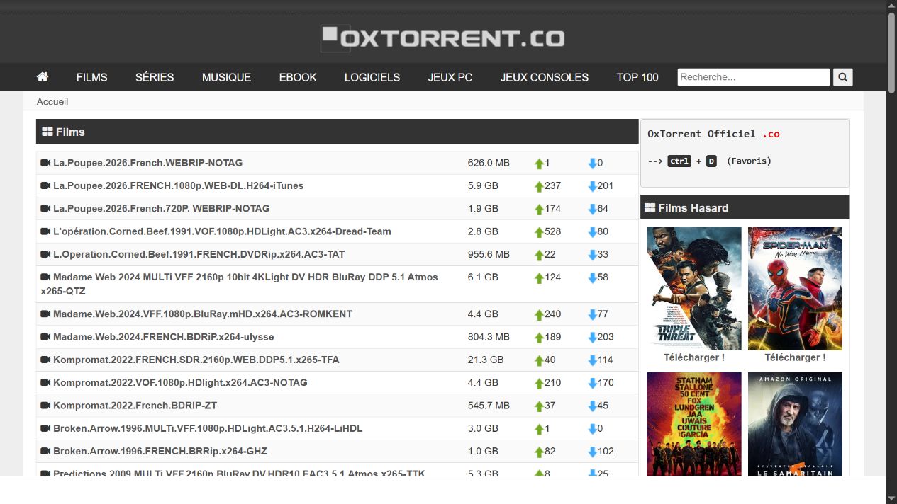 Catalogue OxTorrent visible sur www.oxtorrent.co le 2 septembre 2026