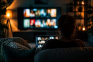 Scène éditoriale abstraite évoquant Pokmiv et le streaming de films et séries
