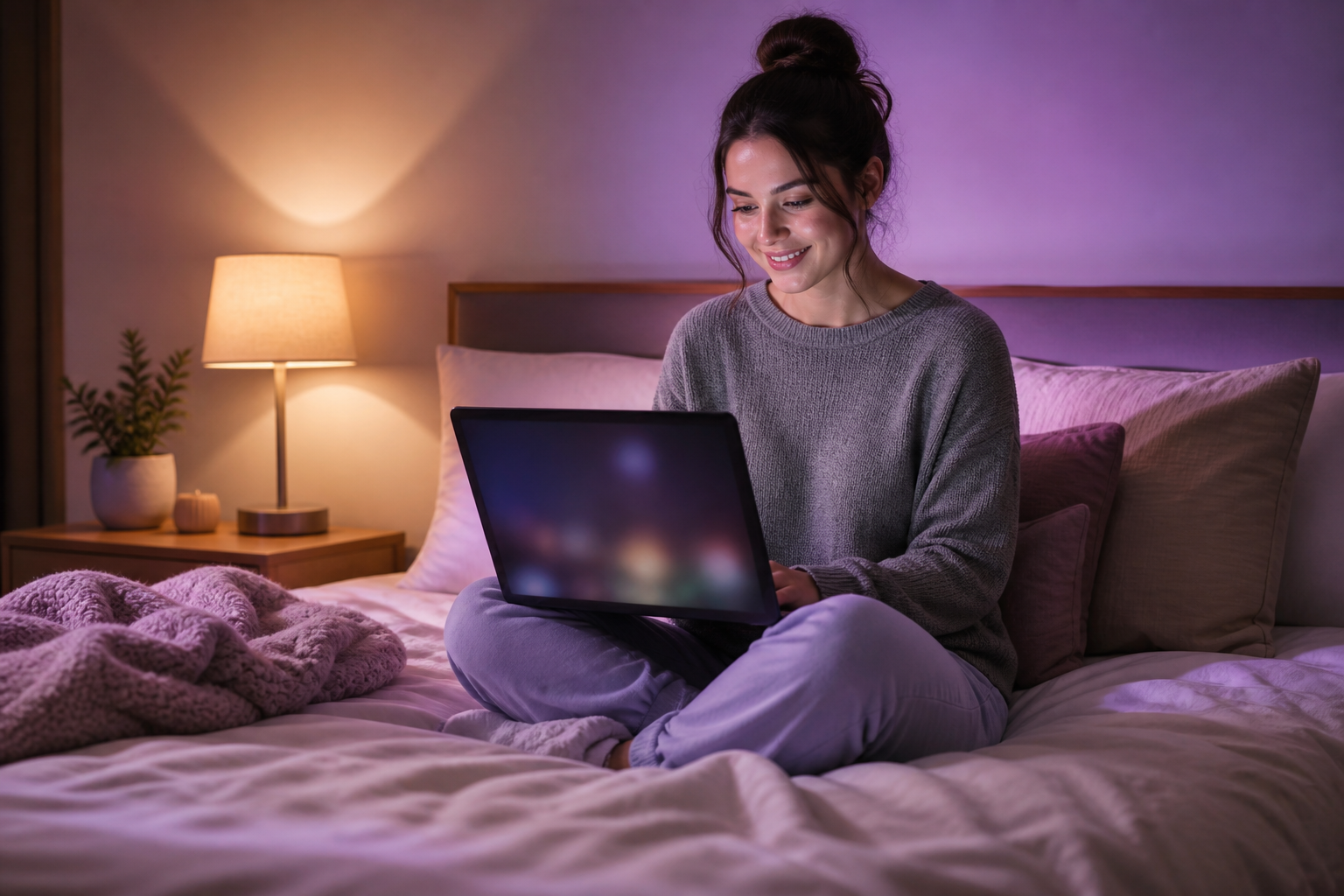 Jeune femme regardant une série sur son ordinateur portable dans une chambre
