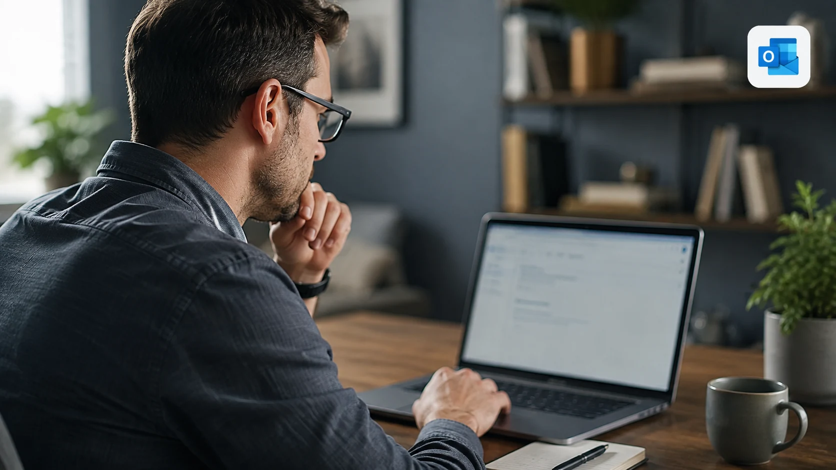 Homme vérifiant une signature dans sa messagerie Outlook