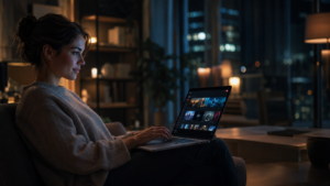 Jeune femme adulte regardant du streaming sur un ordinateur portable