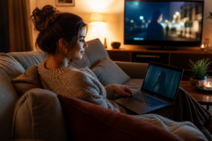 Jeune femme adulte regardant un film en streaming sur un ordinateur portable