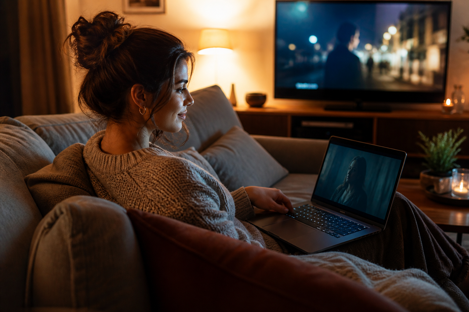 Jeune femme adulte regardant un film en streaming sur un ordinateur portable