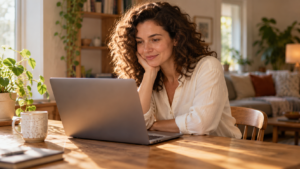 Une femme adulte regardant un ordinateur portable — illustration de la fiche Gozlov
