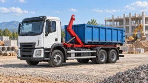Illustration d’un camion ampliroll blanc avec bras hydraulique rouge et benne bleue sur un chantier
