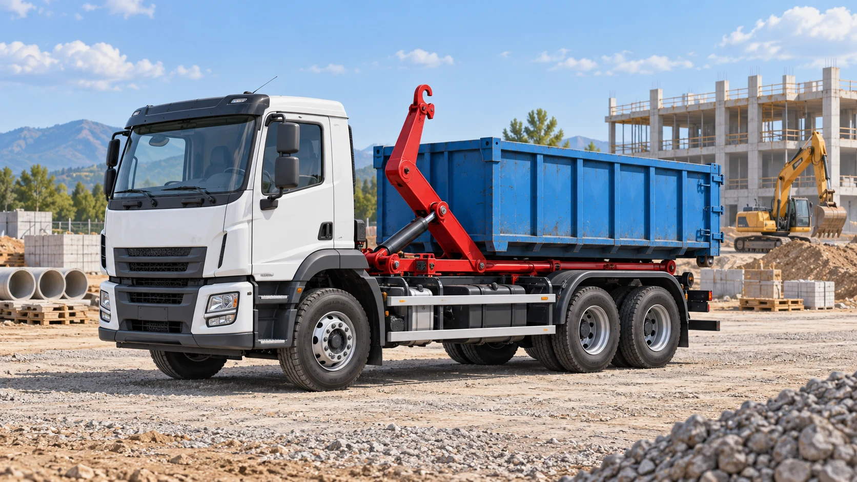 Illustration d’un camion ampliroll blanc avec bras hydraulique rouge et benne bleue sur un chantier